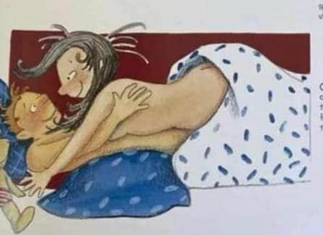 A passage from the book, which is accompanied by a sketching of a woman lying on top of a man (pictured), reads: 'They snuggle together for a long time. They kiss each other all over their bodies.' A passage from the book, which is accompanied by a sketching of a woman lying on top of a man (pictured), reads: 'They snuggle together for a long time. They kiss each other all over their bodies.'